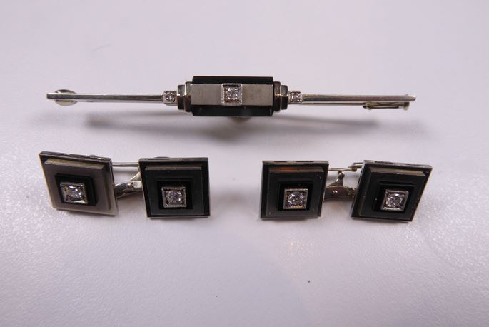 Pair of diamond, onyx and black enamel square panel cufflinks set in 18ct white gold with a matching tie pin | MasterArt